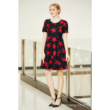 Short Sleeve High Waist Winter Swing Dress in Star Printing Fabric